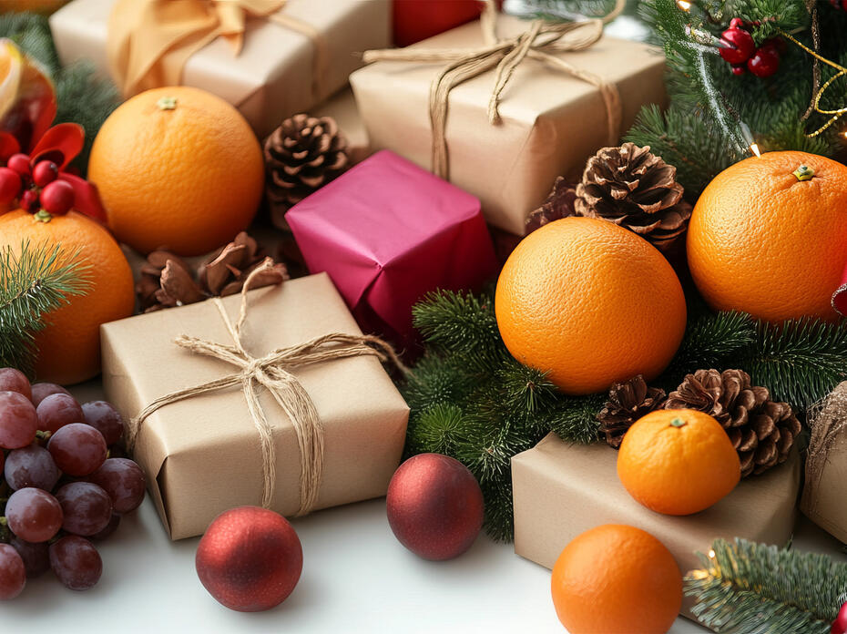 Fresh oranges, grapes and greenery arranged on a table surrounded by festive decorations and gifts, creating a warm holiday atmosphere with vibrant colors