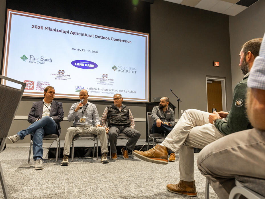 A panel of four speakers sits on a stage in front of a large presentation screen while attendees seated in the foreground listen. The screen displays the conference title, dates, and logos of participating organizations.