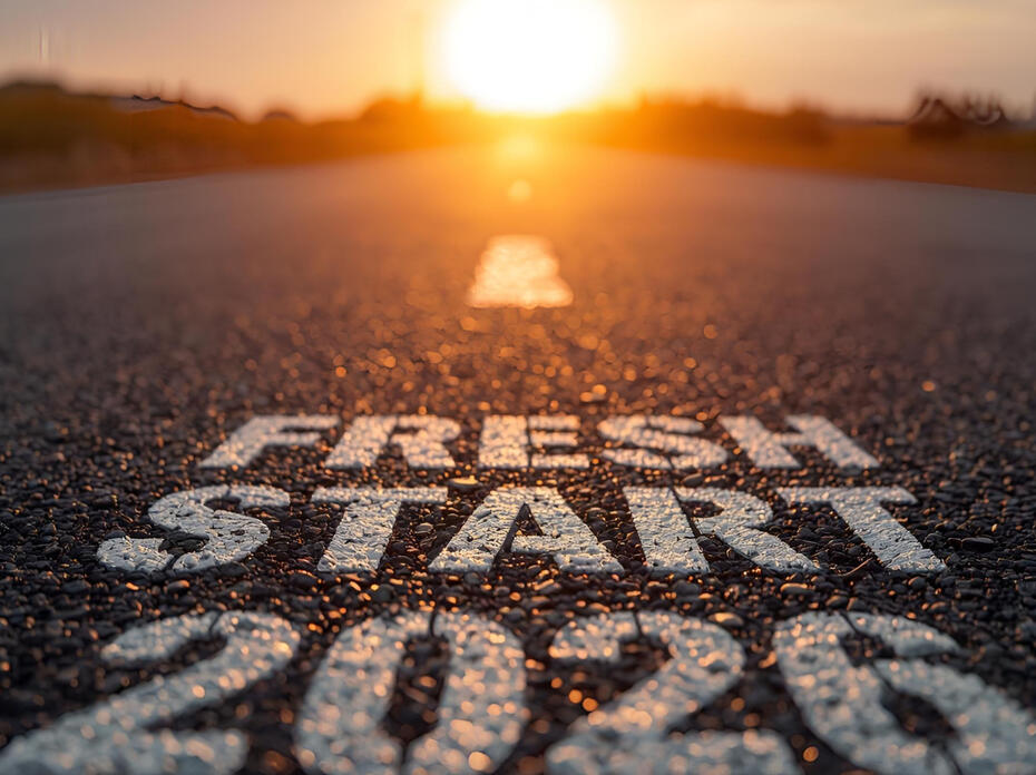 Asphalt road with "Fresh Start 2026" text written on the highway surface at sunset. Low angle view of a street against a golden sunrise.