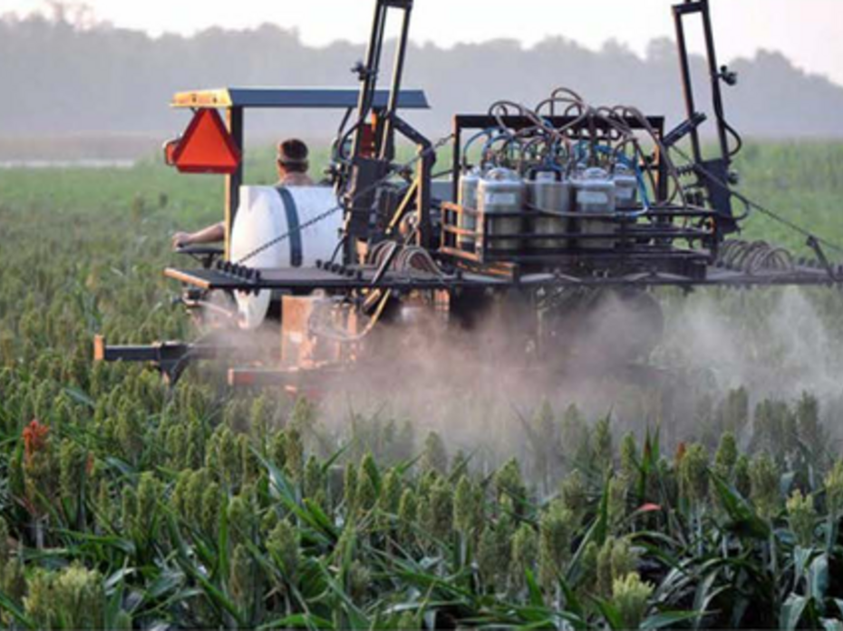 A man operates a tractor spraying crops in a field