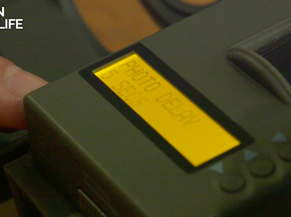 A close-up of a trail camera’s display window as it is being programmed.