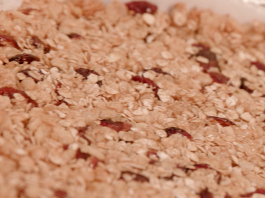 A close-up of honey-cranberry granola bars that shows in fine detail the oats and cranberries.