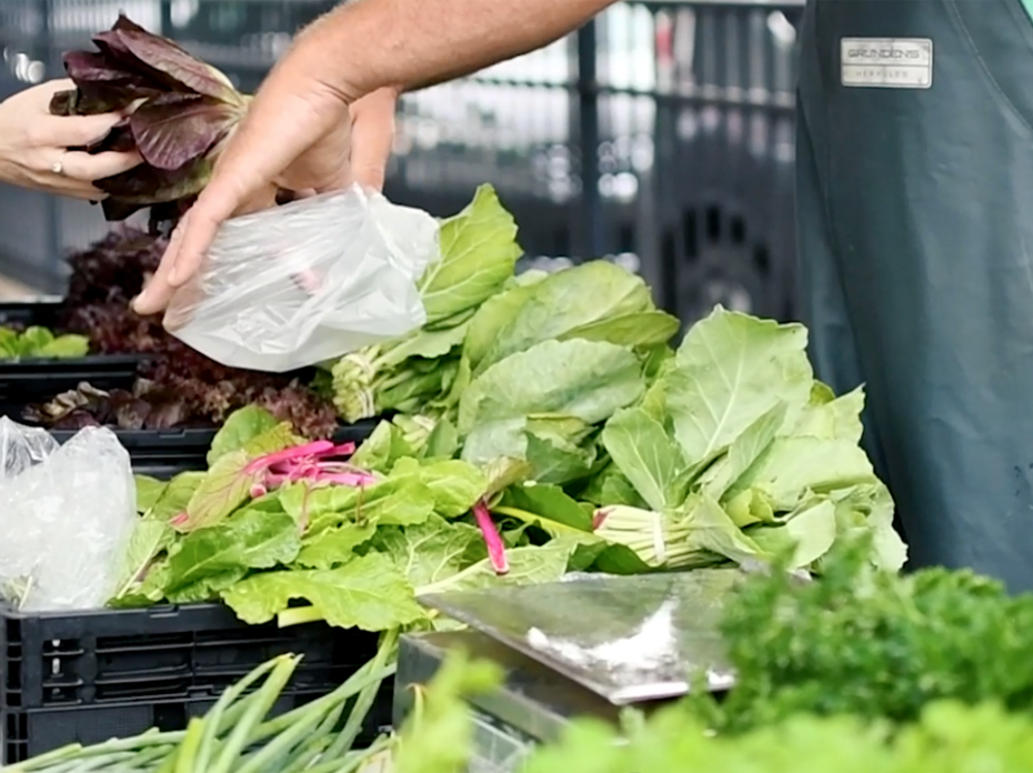 A farmers market vendor holds a bag for a customer shopping for fresh salad greens. 
