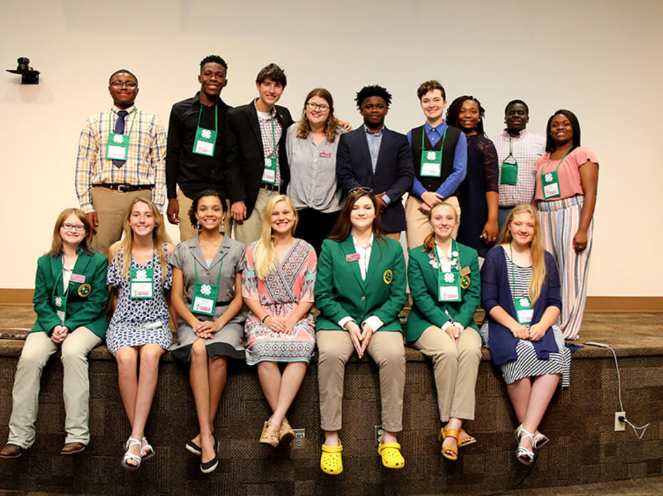 A group of sixteen students post for a picture on a stage. 