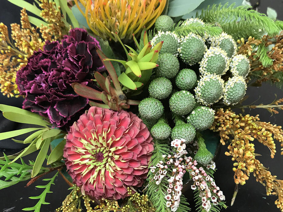 Closeup of a floral arrangement.