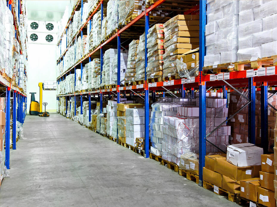 Frozen food at shelves in cold warehouse