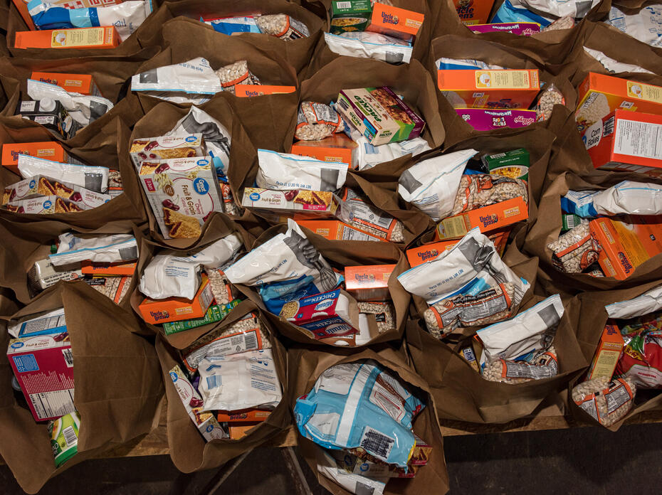 Paper bags are filled with grocery items.