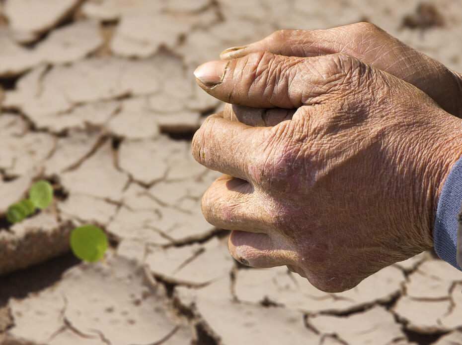 Hands clasped together over a dry field.