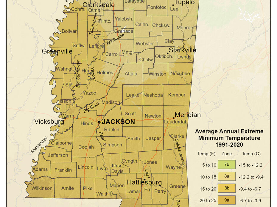 A map shows plant hardiness zones in Mississippi.