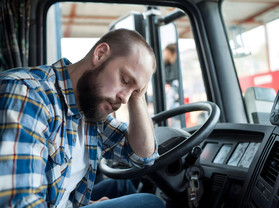 Tired man rests his head in a truck cab.
