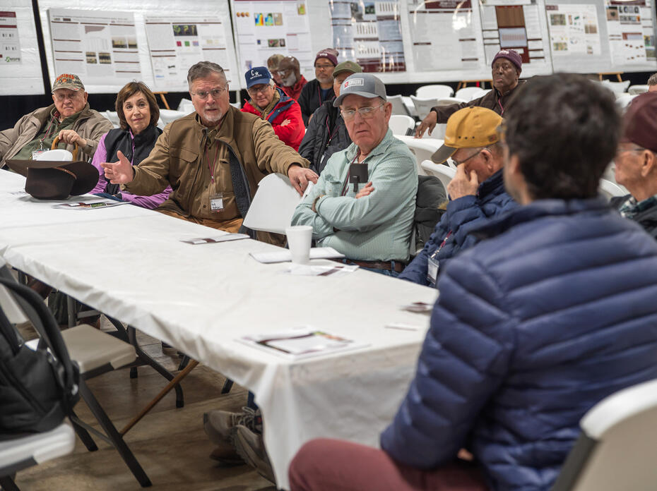 Small groups of people sitting at tables having discussions