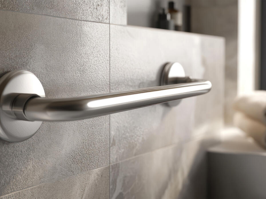 Closeup of stainless steel safety grab bar in a bathroom.