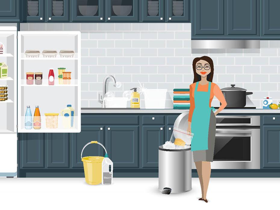 A graphic depicts a woman preparing to clean a refrigerator after storing a recalled food item.