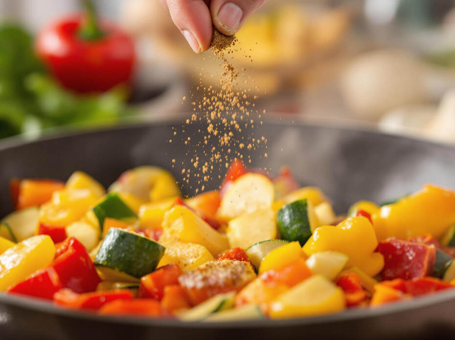 Seasoning beings sprinkled on veggies in a pan