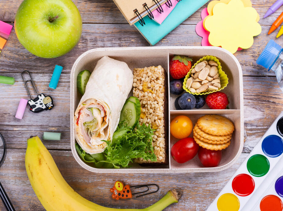 School lunchbox packed with nutritious foods surrounded by colorful school supplies