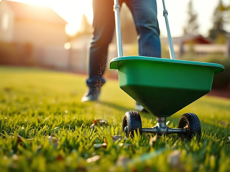 Person applying lime to yard.