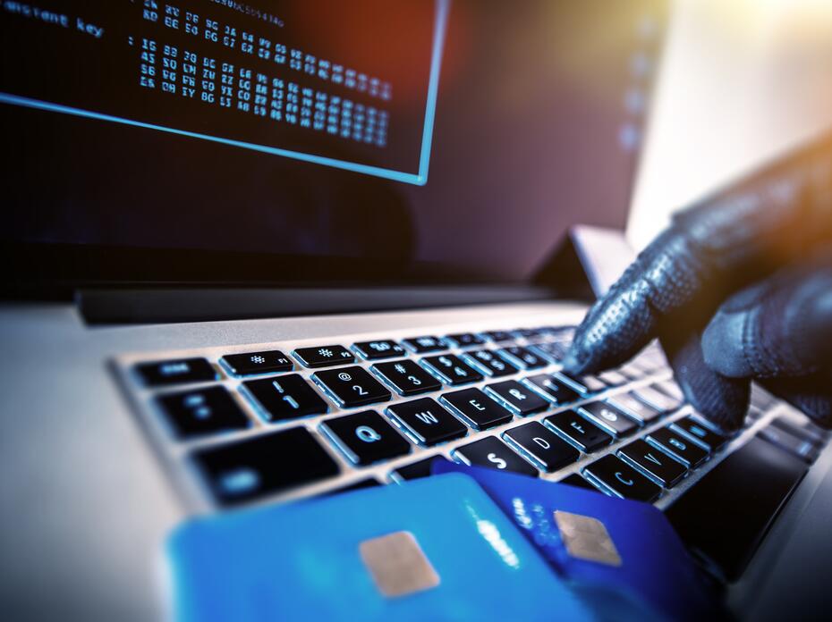 Person with gloves types in credit card number on computer.