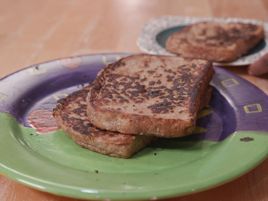 slices of French toast on a colorful plate