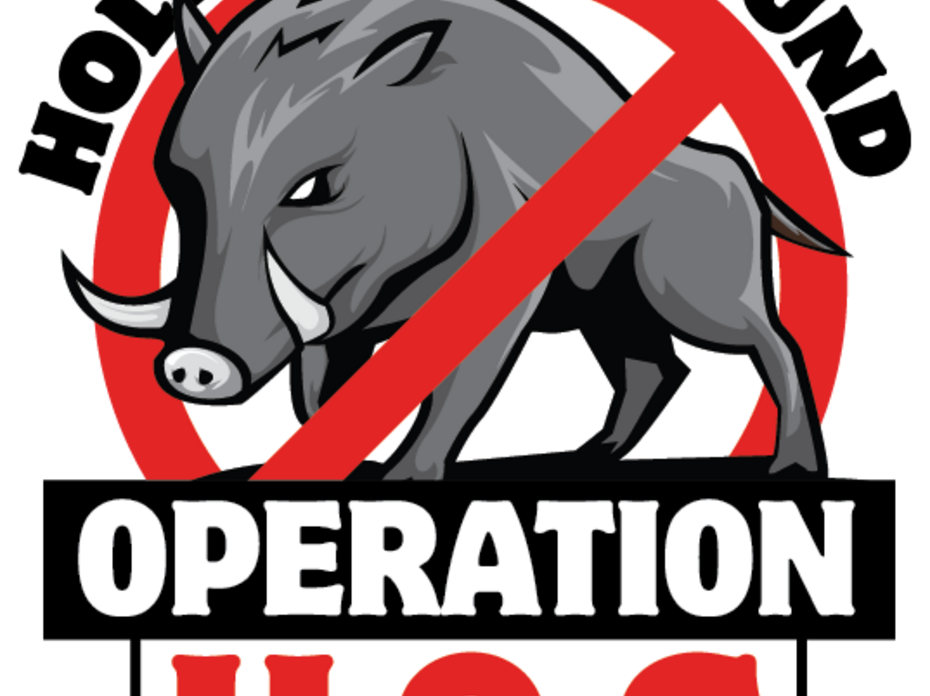 :Black, white, and red logo showing a stylized wild hog with a red circle and a diagonal line across. Text reads Hold Our Ground Operation H.O.G.