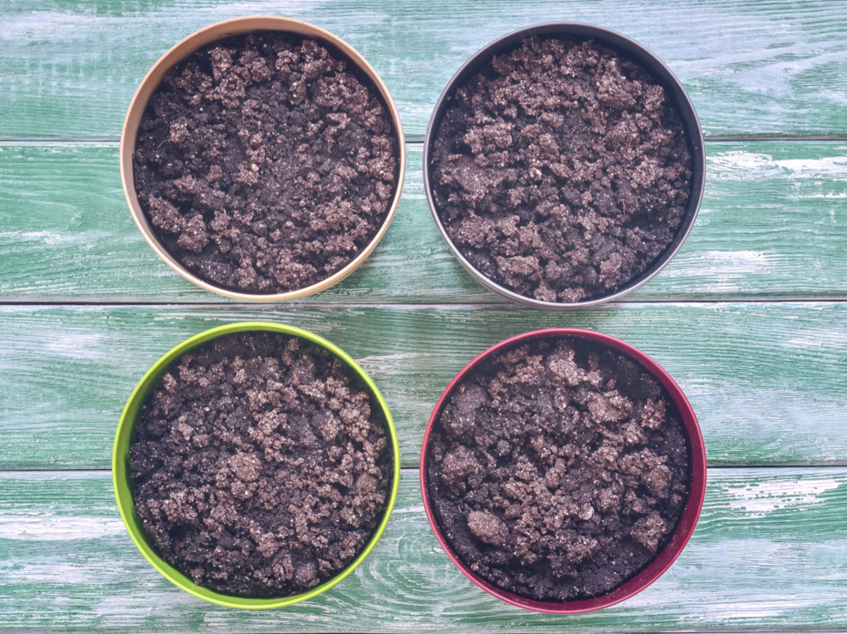 Four pots of soil on a blue background.