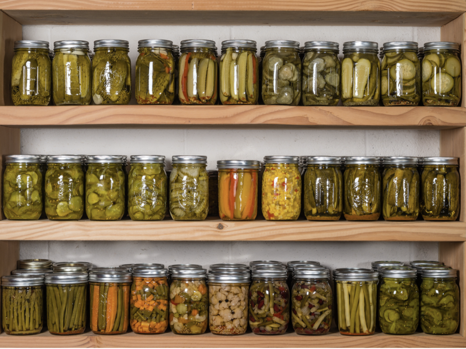 Canned fruits and vegetables on a shelf.