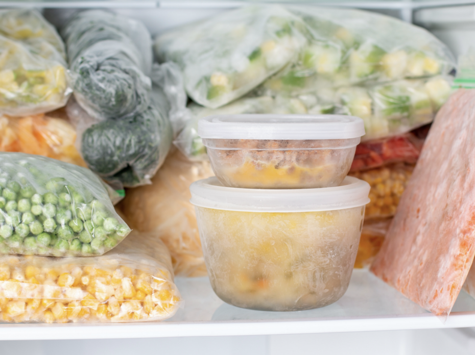 Frozen foods in a fridge.
