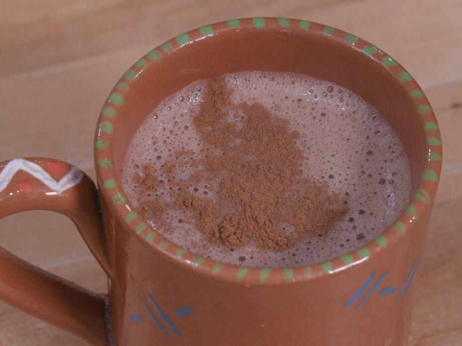 Hot cocoa sprinkled with cinnamon in a terra cotta mug