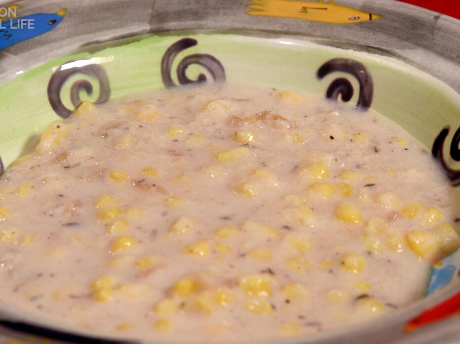 Corn chowder in colorful bowl