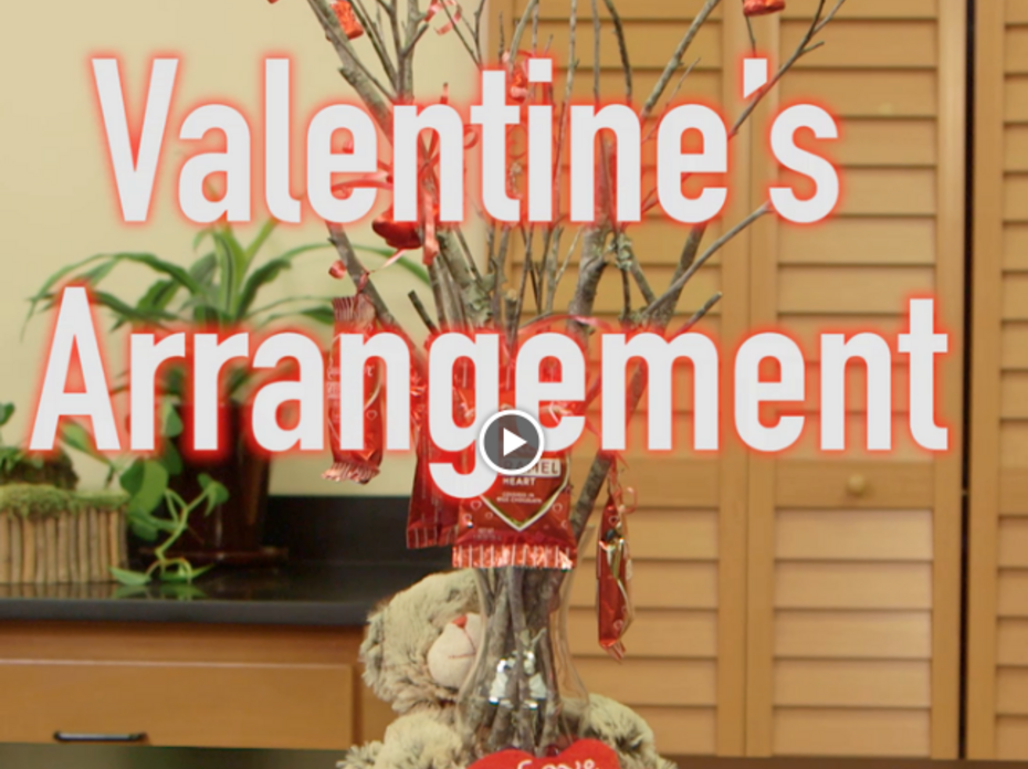 This Valentine's arrangement has a stuffed bear and a red heart hugging an arrangement of twigs with candy attached using red ribbon.