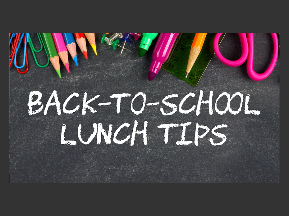 Colored pencils, paper clips, tacks, markers, a ruler, scissors, and a pencil rest at the top of a chalkboard with Back-to-School Lunch Tips written on it in white chalk.