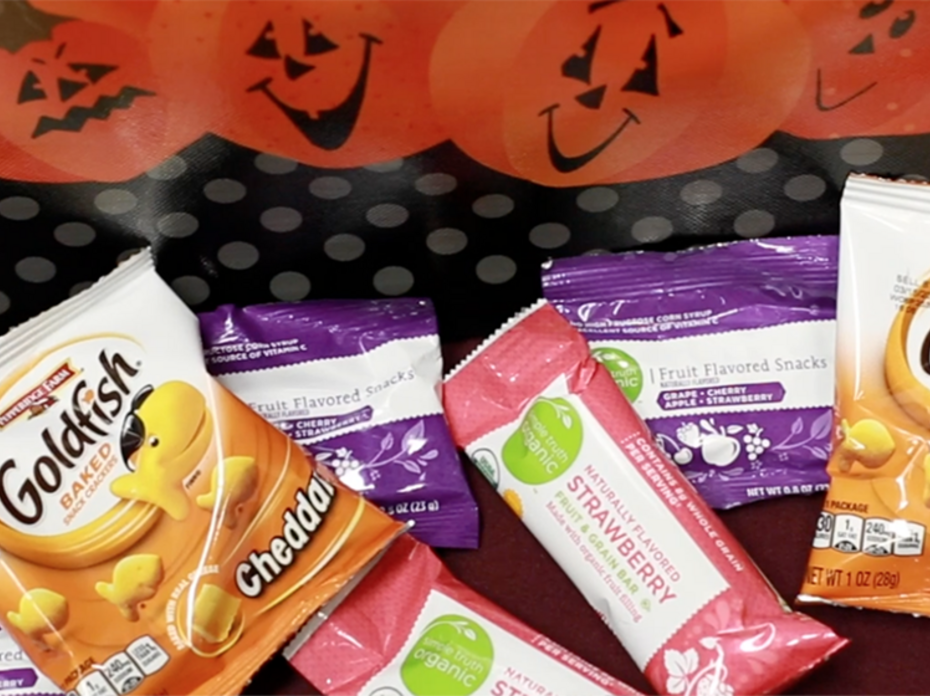 A display of healthy treats for Halloween.