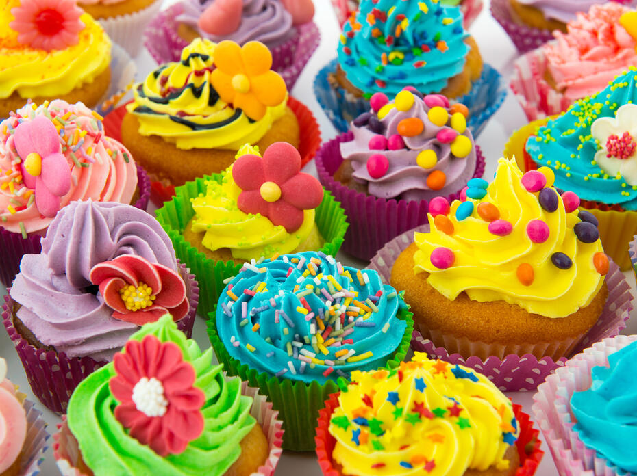 closeup of colorful, decorated cupcakes