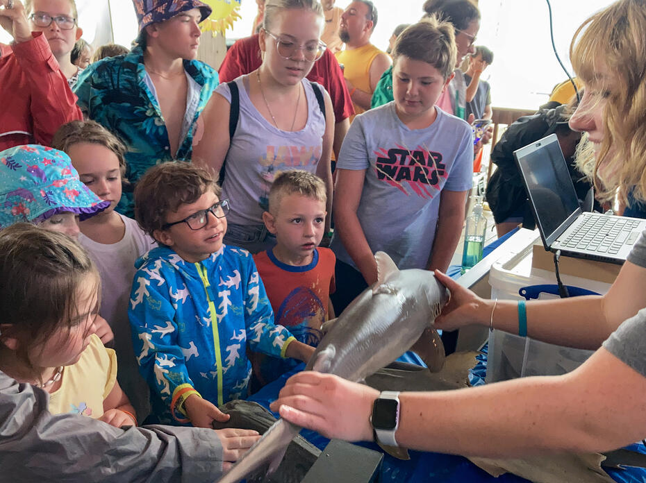 Children feel the skin of a shark held by a marine fisheries biologist.