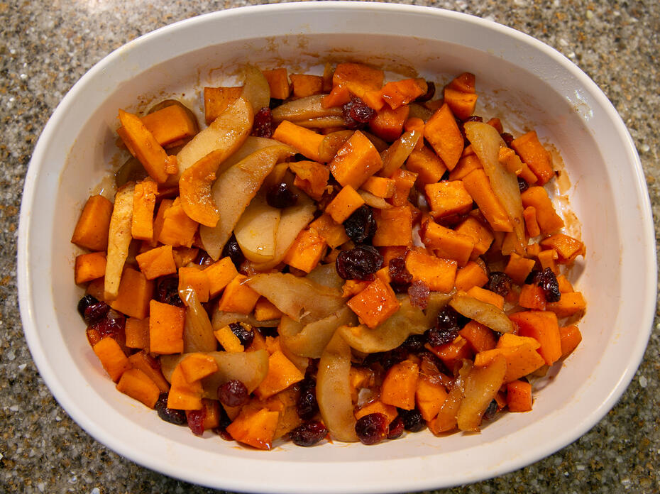A closeup of sweet potato and apple casserole