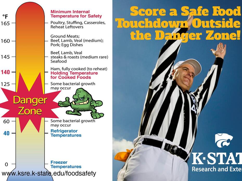 A football referee in a black and white striped shirt blows a whistle while another raises his arms to signal a touchdown. Another illustration uses a thermometer to depict the proper freezing, refrigeration, cooking and holding temperatures for food.