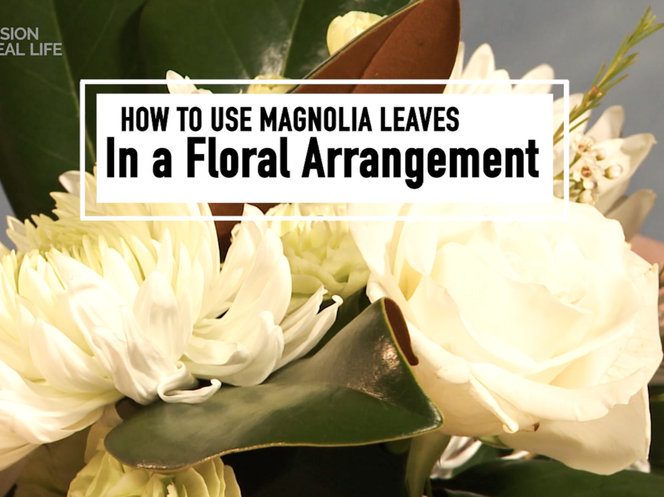 Magnolia leaves star in a small floral arrangement with white flowers.