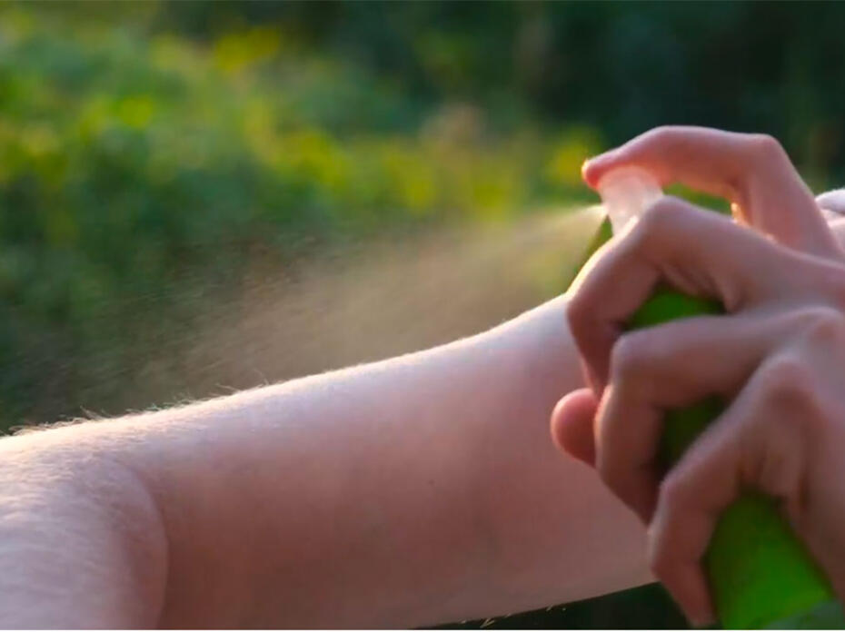 Closeup of someone spraying mosquito repellent on their arm.