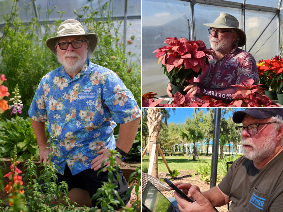 A collage shows a man in three different garden settings.
