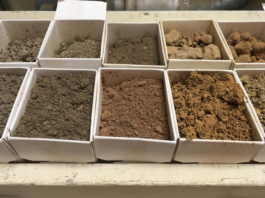 Ten boxes in rows hold soil samples.