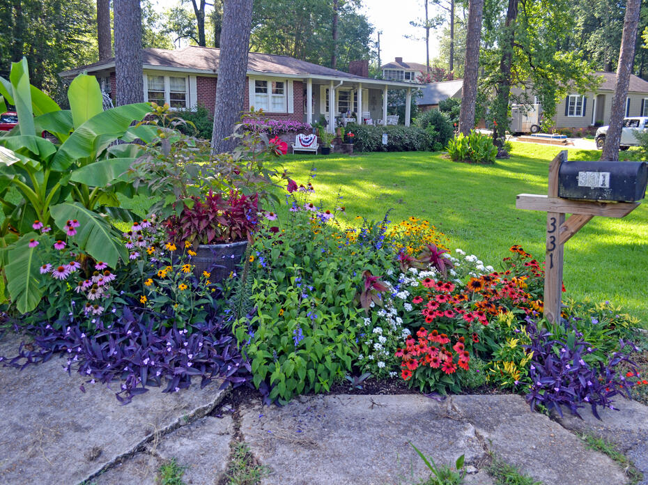 A mailbox stands at one end of a flower garden.