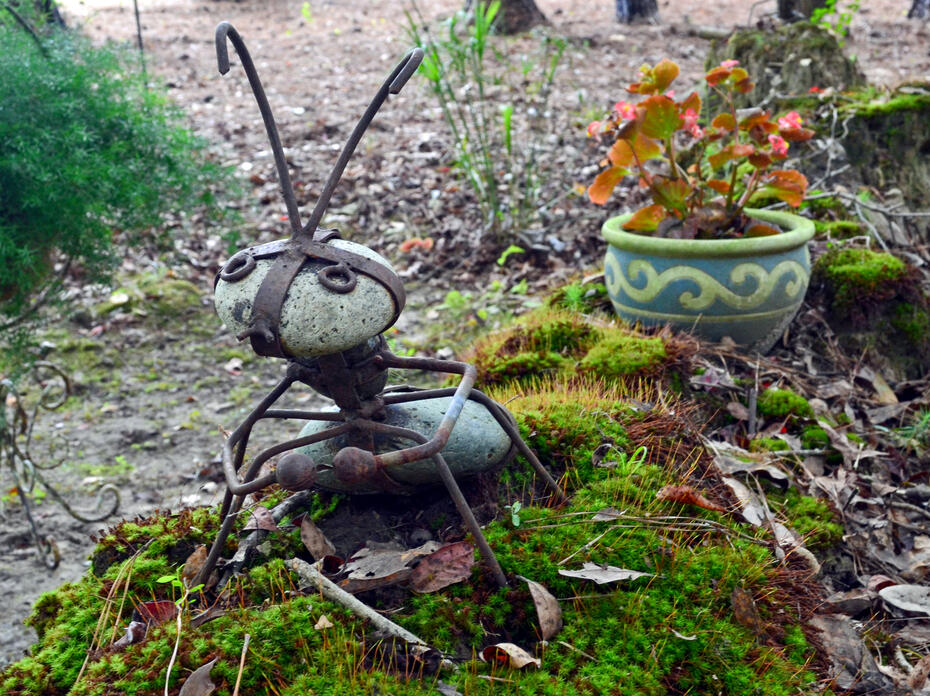 A stone and steel ant sculpture is beside a path through moss.