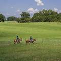 A large, green, grassy field stretches out behind two young men riding brown horses along a fence.