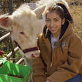 A female teen in a brown 4-H jacket, boots, and jeans squats beside a white cow moving toward its feeder.