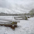 snow covers a fence and field in south Mississippi.