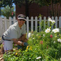 A woman kneels next to a bed of flowers.