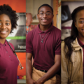 Headshot photos of two young women and a young man.