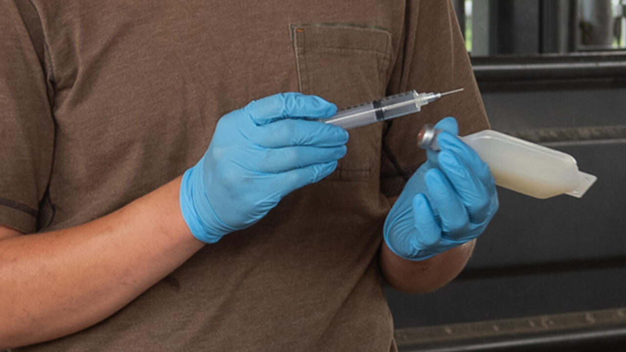 Two gloved hands hold a syringe and a medical container.