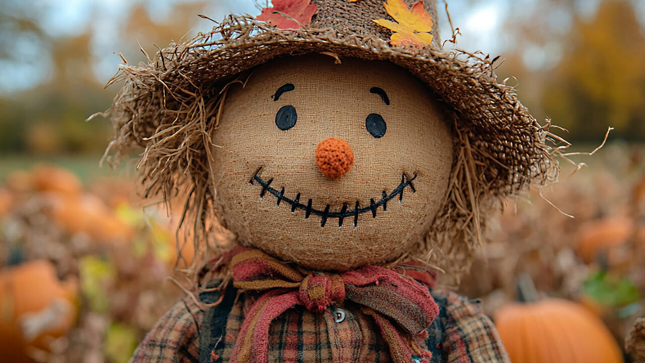 Scarecrow with a rustic outfit in a pumpkin patch during harvest season.