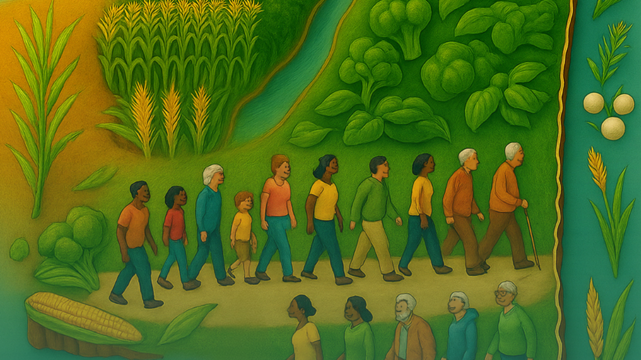 Illustrated map of Mississippi features people walking in green fields, fresh produce, and a setting sun.
