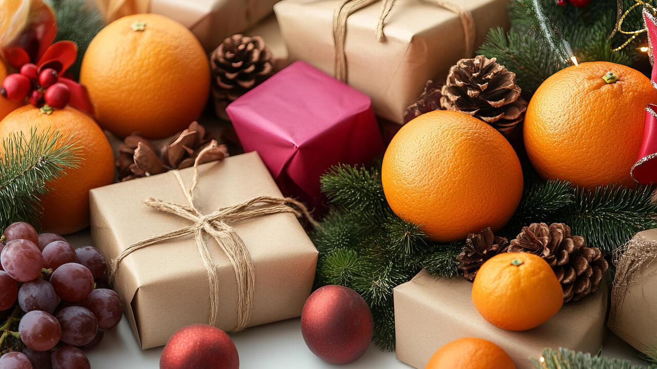 Fresh oranges, grapes and greenery arranged on a table surrounded by festive decorations and gifts, creating a warm holiday atmosphere with vibrant colors